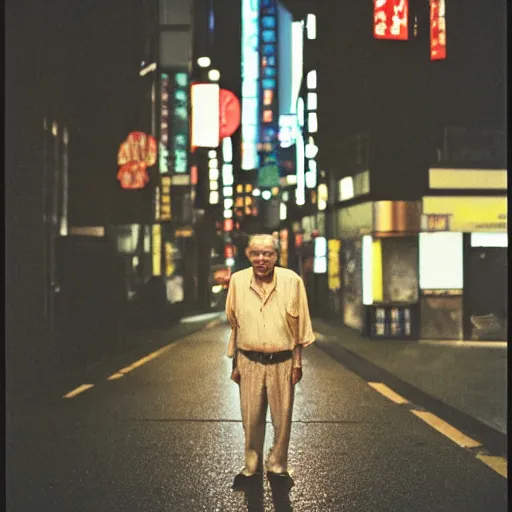 Image similar to landscape, old man in tokyo at night, wearing gold chain, gold rings, cinestill 8 0 0,