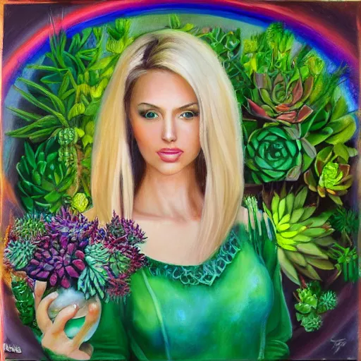 Image similar to painting by Tony Sart of a beautiful blonde woman with shoulder length hair in a forest green dress putting colorful succulents into rainbow pots at a square table