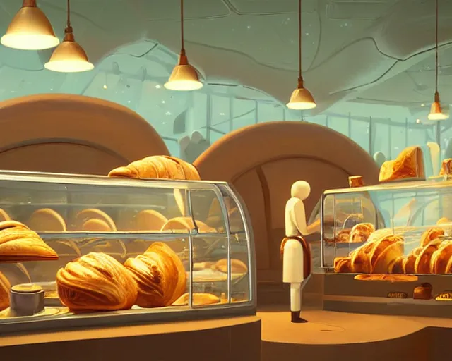 Prompt: alien bakery interior, cozy, bread and croissants, display case, surrealism, artstation, sylvain sarrailh