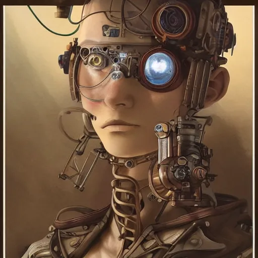 Prompt: portrait painting of a steampunk cyborg conspiracy theorist, transhumanism, ultra realistic, concept art, studio ghibli, intricate details, eerie highly detailed