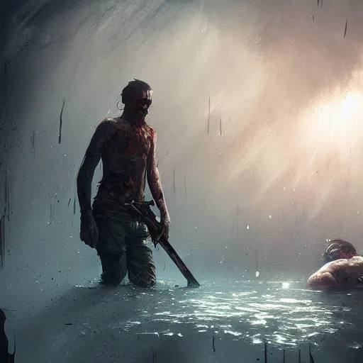 Image similar to a man fainted underwater in a zombie apocalypse by greg rutkowski