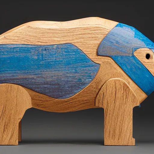 Prompt: studio zeiss 1 5 0 mm f 2. 8 hasselblad, award - winning photo, a photo of a model hippo made of repurposed elm wood composite mixed with straight lines blue epoxy resin, dramatic lighting