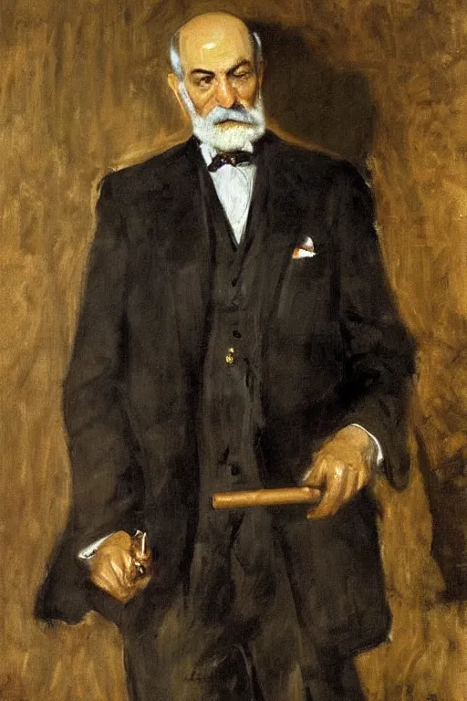 Prompt: portrait of sigmund freud, holding cigar, by john singer sargent, detailed, impressive, freudian
