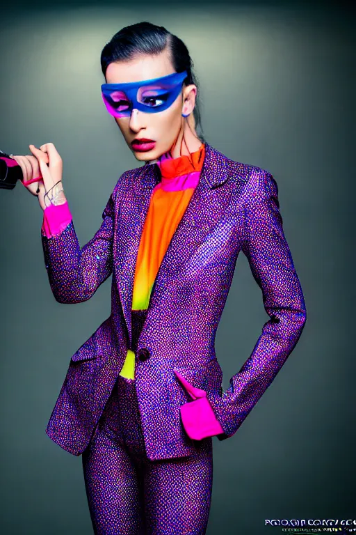 Image similar to realistic photoshooting for trouser suit for a rave, bright colors, vhs colour photography, photo for a magazine, photo for a store, fashion photography, Vogue,, cinematic, high detail, 8k, dynamic pose,Smooth skin, perfect face, 80mm lens, 1.2 aperture, close up, cinematic light, very detailed, cover magazine