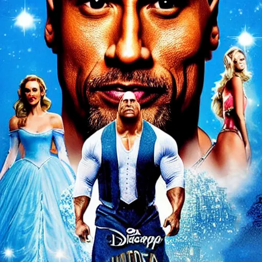 Prompt: movie poster of dwayne johnson as cinderella