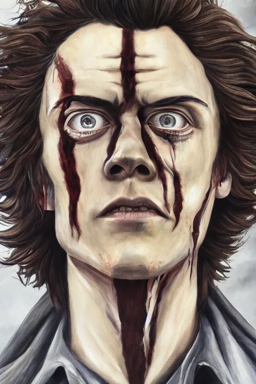 Prompt: Evil Harry Styles as a Titan from Attack on Titan, oil on canvas, intricate, portrait, 8k highly professionally detailed, HDR, CGsociety