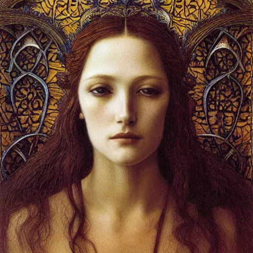 Prompt: detailed realistic half body portrait of a beautiful young medieval queen by jean delville, art nouveau, symbolist, visionary, gothic