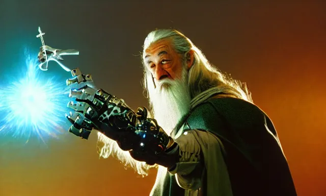 Image similar to cyber - gandalf with large robotic arm battling the balrog epic 3 5 mm photograph