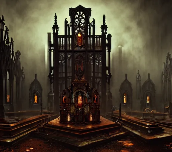 Image similar to steam necropolis, memento mori, gothic, neo - gothic, art nouveau, hyperdetailed copper patina medieval icon, stefan morrell, philippe druillet, ralph mcquarrie, concept art, steampunk, unreal engine, detailed intricate environment, octane render, moody atmospherics, volumetric lighting, ultrasharp, ominous, otherworldly