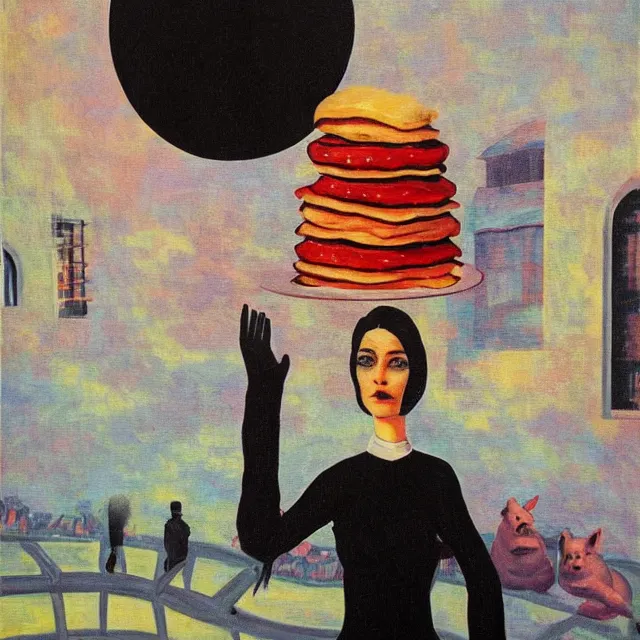 Image similar to tall emo female artist holding pancakes, in chippendale sydney, pigs, octopus, acrylic on canvas, surrealist, by magritte and monet