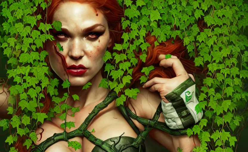 Image similar to poison ivy battle pose, Bane wrapped up in vines, illustration, realistic eyes, artstation, cinematic lighting, hyperdetailed, detailed realistic symmetrical eyes, cgsociety, 8k, high resolution, Charlie Bowater, Tom Bagshaw, Norman Rockwell, insanely detailed and intricate, prison background