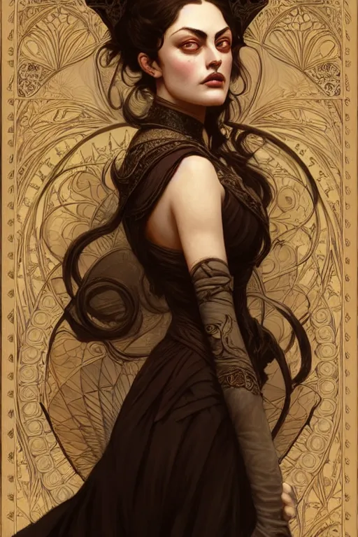 Image similar to Phoebe Tonkin dressed in Victorian fashion, D&D, fantasy, intricate, elegant, highly detailed, digital painting, artstation, concept art, matte, sharp focus, illustration, art by Artgerm and Greg Rutkowski and Alphonse Mucha