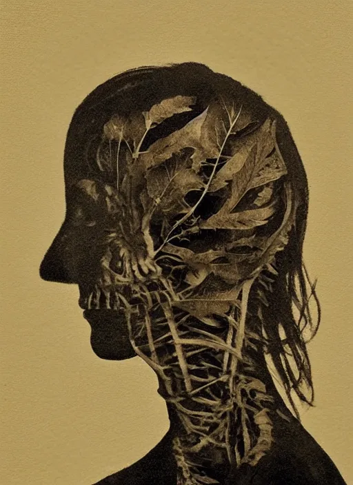 Image similar to a woman's face in profile, made of leaf skeleton, in the style of the Dutch masters and Gregory Crewdson, dark and moody