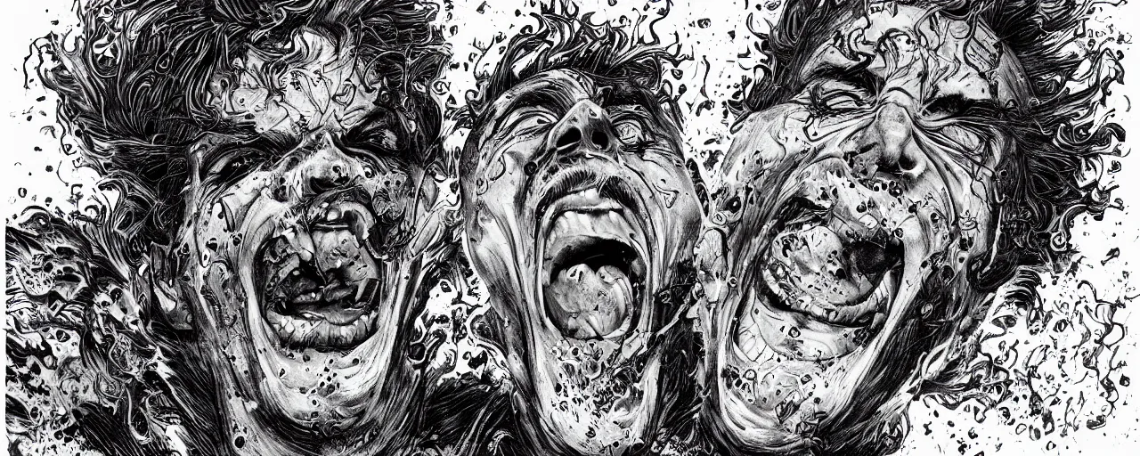 Prompt: portrait of a mad man screaming and laughing with lava bursting from the eyes, black ink stain, by josan gonzales, max prentis,