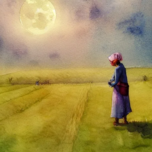 Prompt: concept art of a farmers in a field, young woman, artstation trending, watercolor, full moon