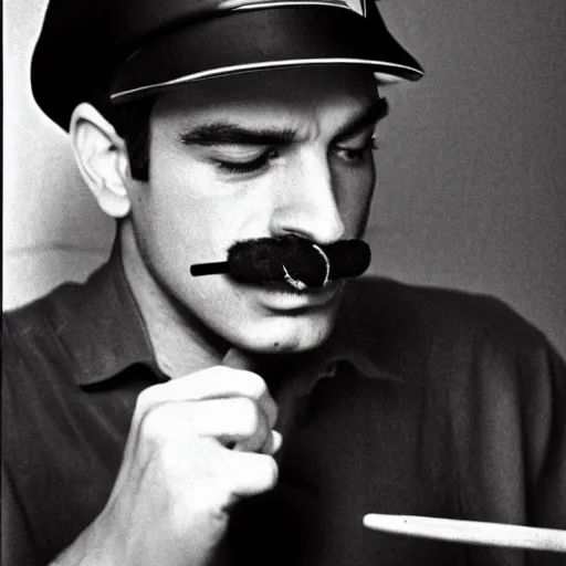 Prompt: realistic photograph of Mario in a hat with an M smoking in a french new wave Godard film aesthetic, black and white