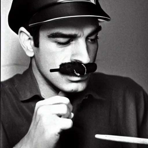 Image similar to realistic photograph of Mario in a hat with an M smoking in a french new wave Godard film aesthetic, black and white