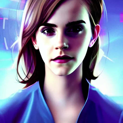 Image similar to Portrait of Emma Watson, the background is a huge futuristic city, cyberpunk style futuristic neon lights, artstation cgsociety masterpiece highly-detailed