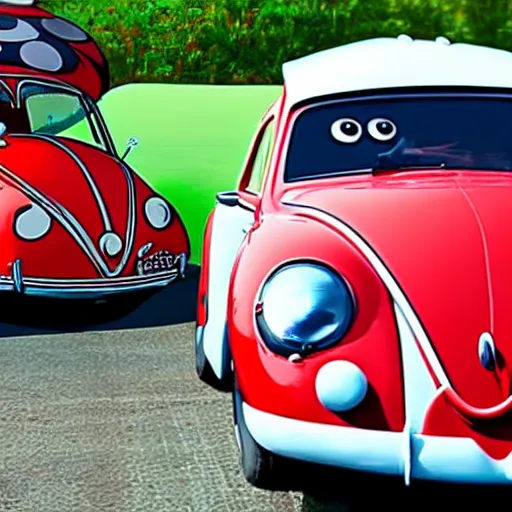 Image similar to close - up sports shot of a hybrid'herbie the love bug'race car and a real lady bug. it's a nice night at the drive - in diner. imax, 7 0 mm, movie still