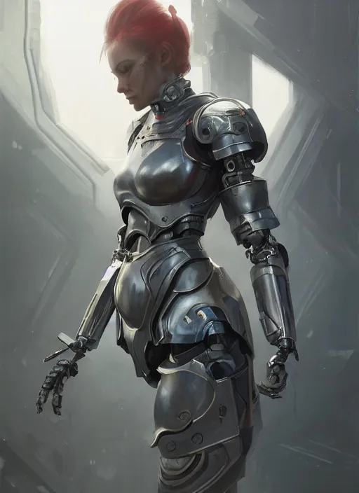 Prompt: A portrait of a female cyborg in armour by Greg Rutkowski, Sung Choi, Mitchell Mohrhauser, Maciej Kuciara, Johnson Ting, Maxim Verehin, Peter Konig, final fantasy, 8k photorealistic, cinematic lighting, HD, high details, dramatic, atmospheric , trending on artstation