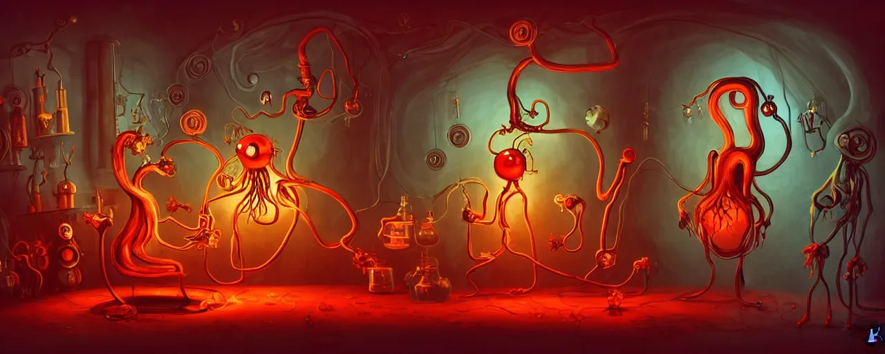 Image similar to whimsical weird chthonic alchemist creatures inside a visceral arterial alchemical lab within the left ventricle of a human heart, dramatic lighting fiery red lighting, surreal fleischer cartoon characters, surreal painting by ronny khalil