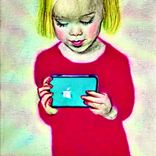 Image similar to 3 year old blonde girl with iphone, colored pencil on white background by eloise wilkin