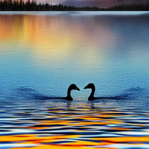 Image similar to photo of two black swans swimming in a beautiful reflective mountain lake, touching heads, forming a heart with their necks, a colorful hot air balloon is flying above the swans, hot air balloon, intricate, 8k highly professionally detailed, HDR, CGsociety