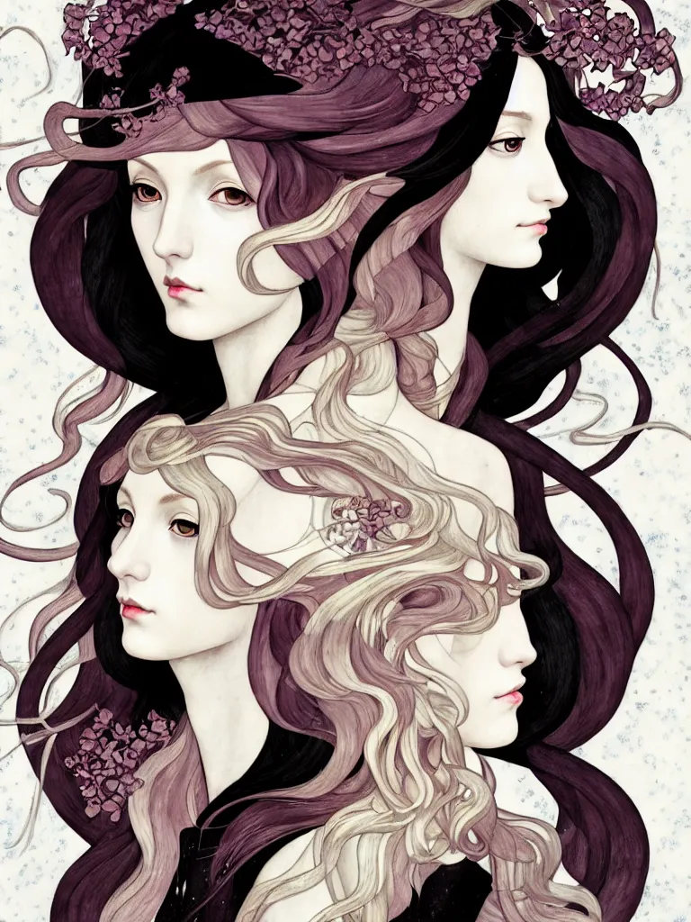 Prompt: 3!!!!!! winter muses, style mix of æon flux, shepard fairey, botticelli, ivan bilibin, john singer sargent, pre - raphaelite, shoujo manga, harajuku fashion, dormant nature, snow, ice, dark muted triad colors, superfine inking, ethereal, 4 k photorealistic, arnold render