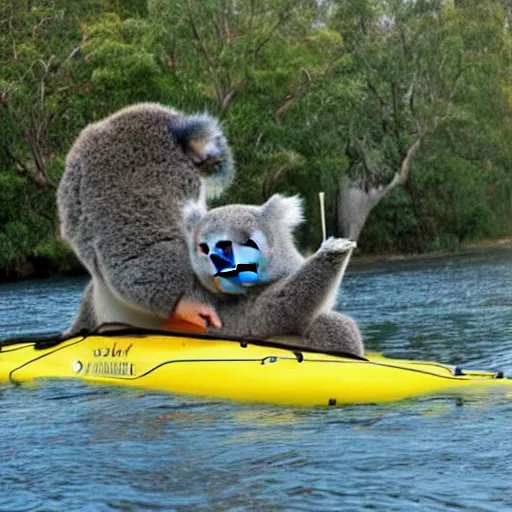 Prompt: koala bear smoking in a kayak dressed as a ninja