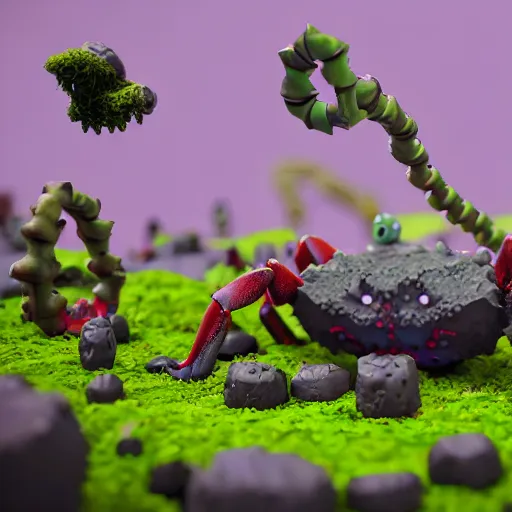 Image similar to voidless of the festival!, large group of crabs and worms, crawling along a bed of moss, low poly, creeper world, handcrafted, artstation, hyperrealistic, hard light, best practices, creeptastic, photorealism, macro perspective, cuddly