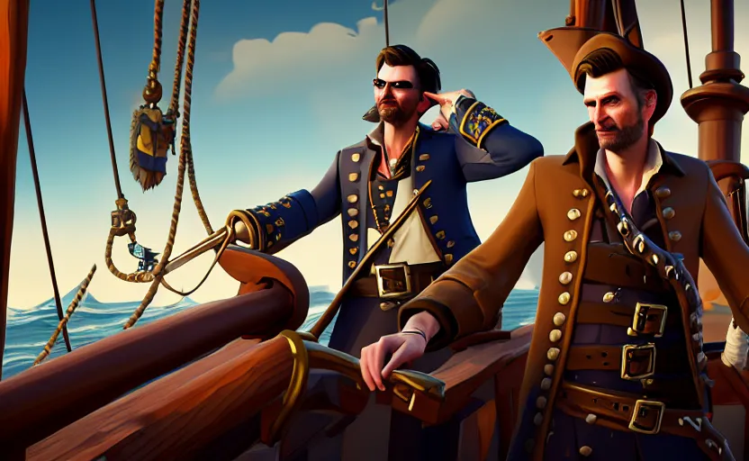 Image similar to david Tennant as a pirate on the ship in the Sea of thieves, long shot, epic composition, ultra detailed,, trending on Artstation, 8k, game screenshot, wallpaper, hyperrealistic