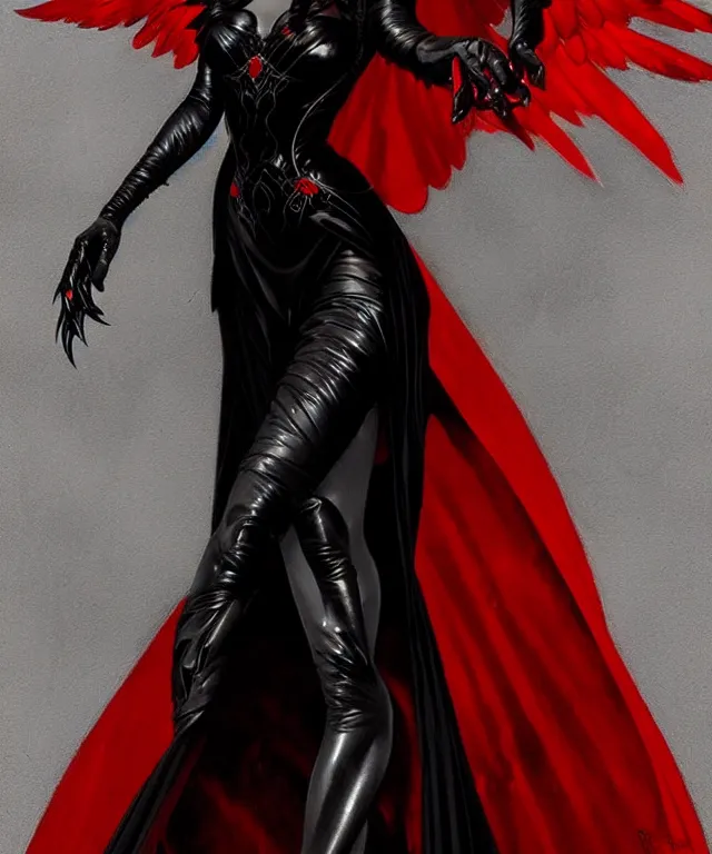 Prompt: Female dark angel in gothic red and black dress, their black wings are extended, highly detailed, digital painting, artstation, concept art, smooth, sharp focus, illustration, art by artgerm and greg rutkowski and alphonse mucha