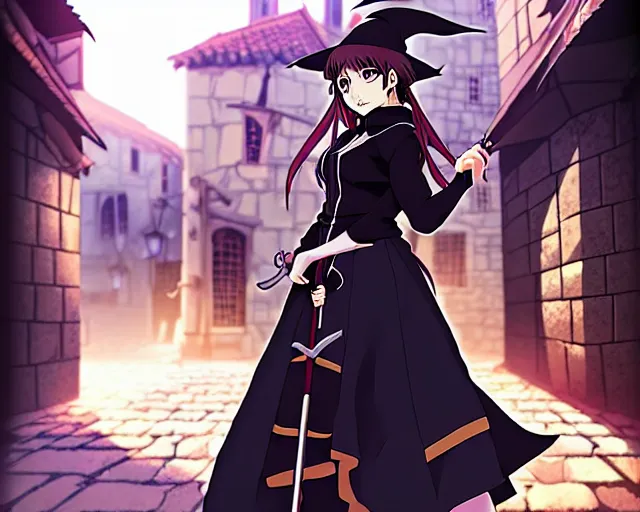 Image similar to key anime visual portrait of a young female witch walking through a busy medieval village, dynamic pose, dynamic perspective, cinematic, dramatic lighting, detailed silhouette, anime proportions, perfect anime face