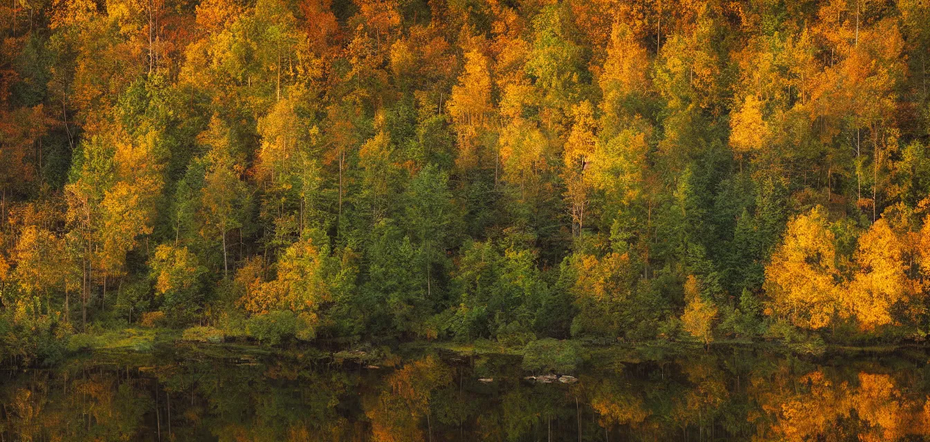 Prompt: sparse stone cottages underneath a dense tall forest, pristine ponds. fine painting intricate brush strokes, bright depth oil colors. 2 8 mm perspective photography by araken alcantara. intense promiseful happiness, autumn sunrise warm hdri forest light. hopeful environment of bodyscapes