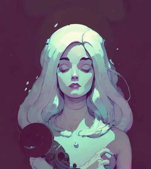 Prompt: portrait of moon queen by atey ghailan, by greg rutkowski, by greg tocchini, by james gilleard, by joe fenton, by kaethe butcher, dynamic lighting, gradient light blue, brown, blonde cream and white color scheme, grunge aesthetic
