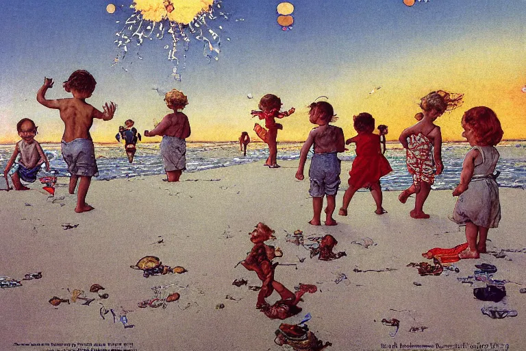 Image similar to children playing at the beach, huge atomic explosion in the background, wide angle shot, detailed, by norman rockwell, by mattias adolfsson, by moebius, oil on canvas,