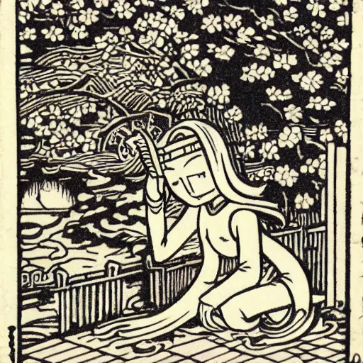 Image similar to Kyubey in the style of Japanese and European woodcuts