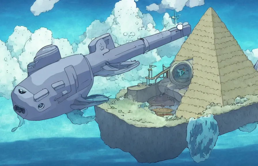 Prompt: a realistic studio ghibli cell shaded cartoon showing an underwater submarine. in the background is a white pyramid with a gold capstone underwater at the bottom of the sea. wide shot, very dull muted colors, hd, 4 k, hq