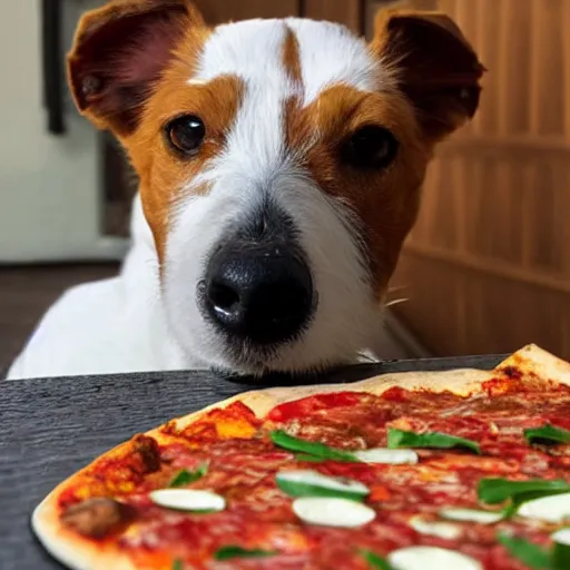 Prompt: photo of a white jack russel eating pizza