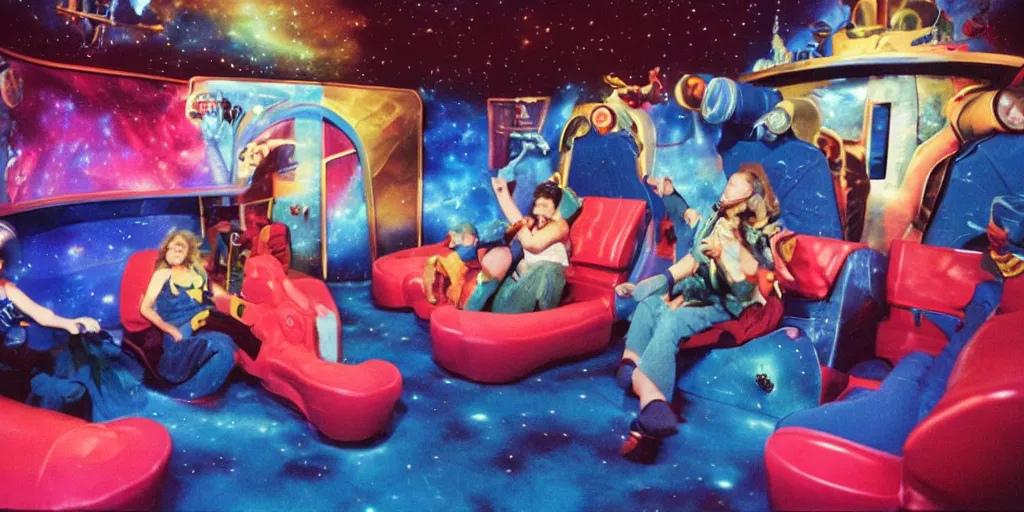 Image similar to 1990s photo of inside the Space Sofa ride at Universal Studios in Orlando, Florida, riding the flying sofa through space , cinematic, UHD