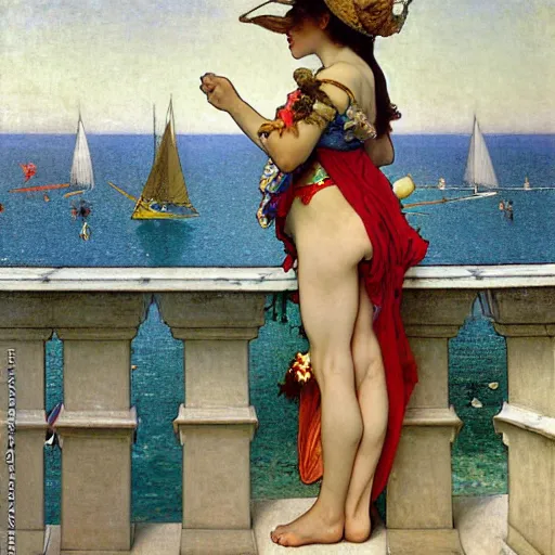 Image similar to A girl with jester hat and clothes on a greek archi circle on the front of a Balustrade with a beach and a sail boat on the background, major arcana clothes, by alphonse mucha and arnold böcklin arnold böcklin arnold böcklin, paul delaroche, hyperrealistic 8k, very detailed