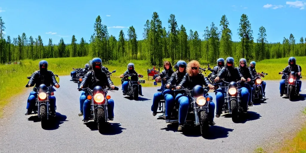 Image similar to motorcycle gang riding in finland, summer, moebius style