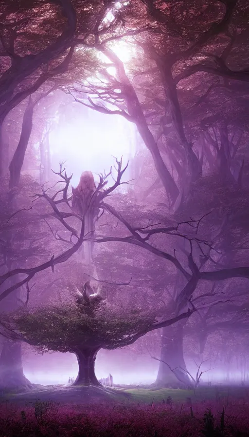 Image similar to hyper realistic 3 d render of a future sci - fi ancient god on the middle of a forest with a lot of purple trees holding a portal that's about to explode, fog, volumetric lighting, sunny day, by greg rutkowski and diego velazquez