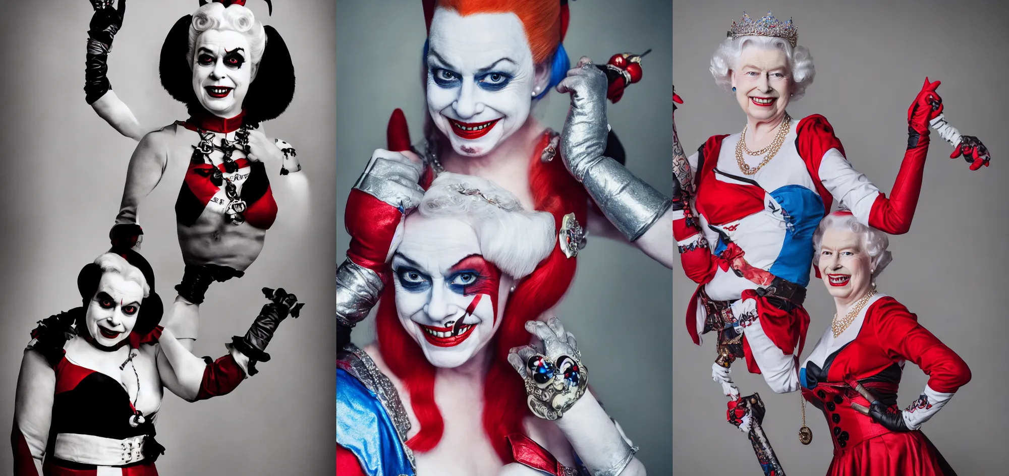 Prompt: Queen Elizabeth dressed as Harley Quinn, professional portrait photo, 80 mm lens