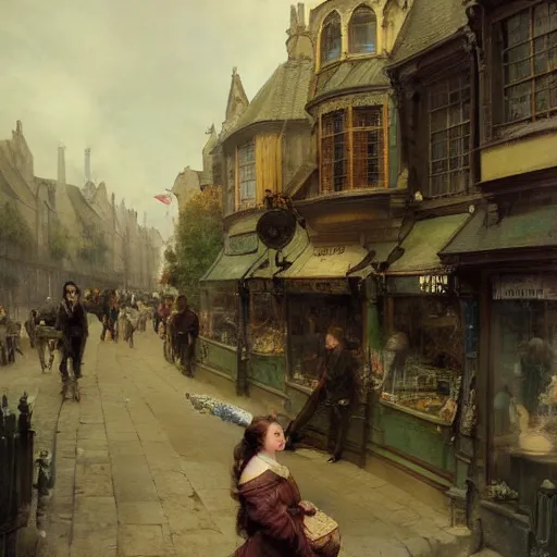 Image similar to jean-Baptiste Monge and Solomon Joseph Solomon and Richard Schmid and Jeremy Lipking victorian genre painting painting of an english 19th century english stone city streat with shops and stores
