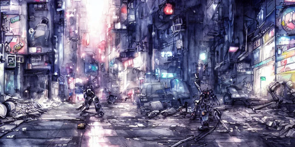 Prompt: watercolour painting of a broken robot repairing its own arm in a post apocalyptic city street, anime, pencil lines, light watercolour, pale sky, beautiful artwork, anime screenshot, akihabara