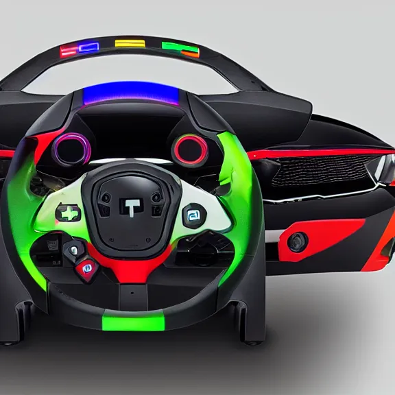 Prompt: RGB gaming car manufactured by the company Logitech