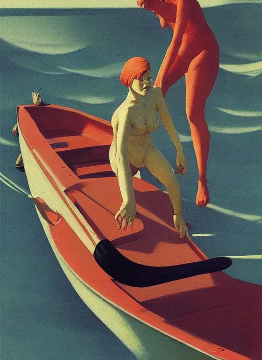 Image similar to woman chasing a cat on a boat Edward Hopper and James Gilleard, Zdzislaw Beksinski, Katsuhuro Otomo highly detailed