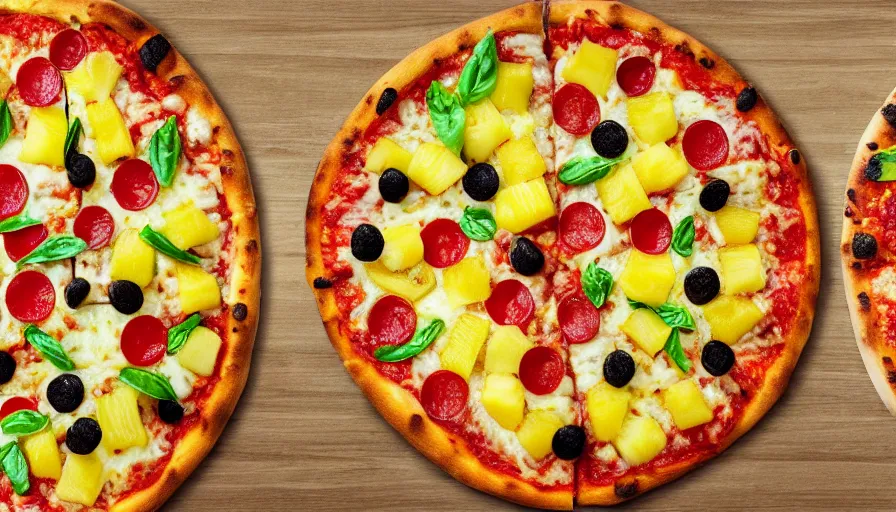 Prompt: pizza with overflowing pineapples, photo realistic, bright, vivid colors