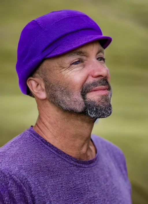 Image similar to portrait photo still of real life craig tucker wearing a purple hat and purple clothes, 8 k, 8 5 mm, f. 1 4